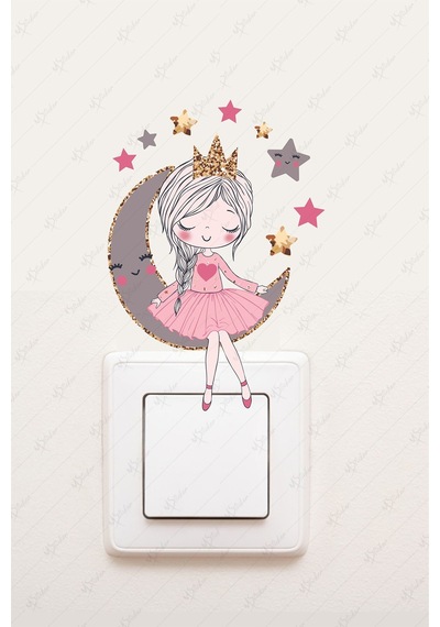 MSticker Ayda Oturan Sevimli Kız Priz Sticker, Ayda Oturan Peri Kızı Sevimli Priz Sticker