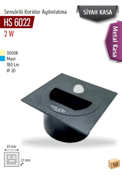 Sensörlü Koridor Aydınlatma, 2w, 3000k Günışığı Hs 6022 Siyah