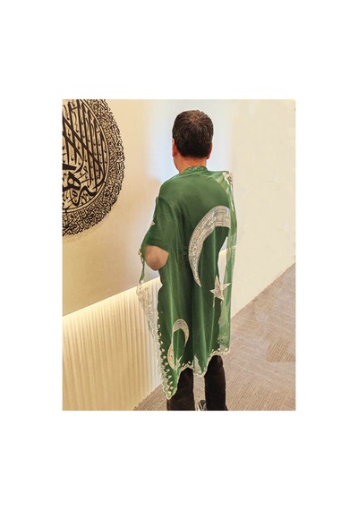 Yeşil Damat Ve Sağdıç Kına Şalı Ayyıldız Desenli, Pullu Eldivenli Omuz Örtüsü