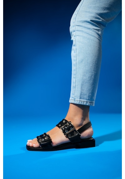 Luvishoes Blob Siyah Cilt Tokalı Kadın Sandalet Siyah