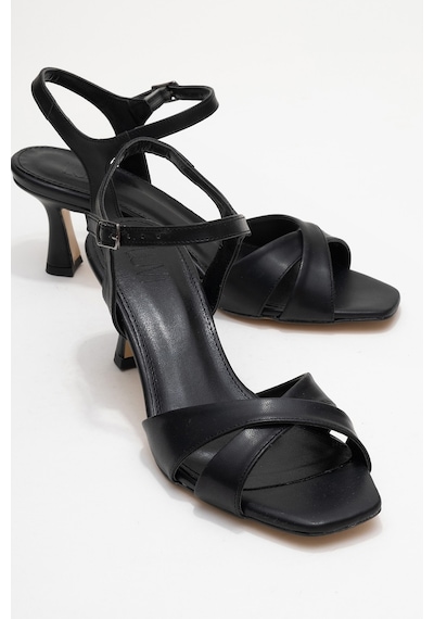 Luvishoes Luvi Shoes Melin Siyah Cilt Çapraz Bantlı Kadın Topuklu Ayakkabı Siyah