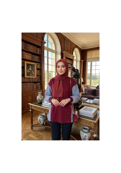 Peka Kadın Tesettür Tunik Çizgili Gömlek Detaylı Tunik Bordo Bordo