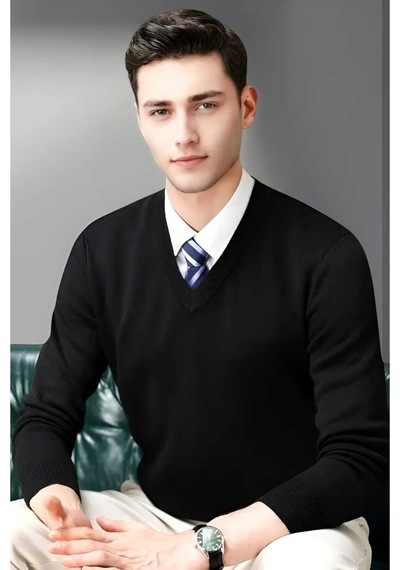 Tezzgelsin Erkek V Yaka Uzun Kol Triko Tüylenmez Süveter Erkek Slim Fit Süveter Siyah