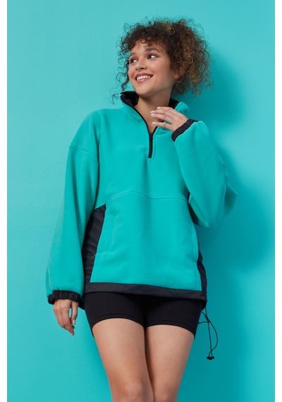 Tommy Life Deniz Yeşili Yarım Fermuar Etek Ucu Büzgülü Dik Yaka Oversize Kadın Polar Sweatshirt - 97236 Yeşil