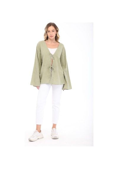 Blayn Jeans Blayn Kadın Keten Kimono Oversize Rahat Kalıp Yazlık Uzun Kollu Kimono Çağla Yeşili