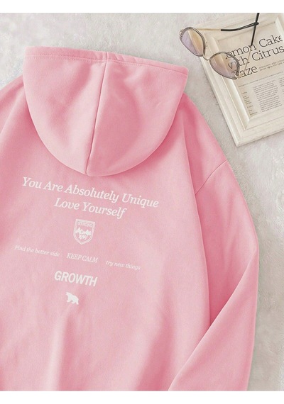 Growth Keep Calm Sweatshirt - Pembe Baskılı Oversize Kalın Kışlık Kapüşonlu Pembe