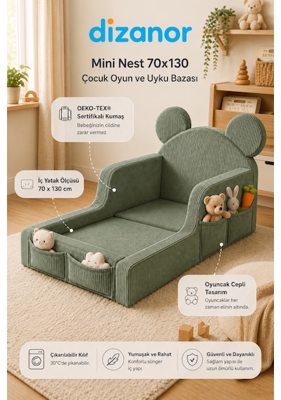 Dizanor Mini Nest 6'sı 1 Arada Bebek Oyun Parkı Ve Park Yatak Yeşil Fitilli 70 X 130