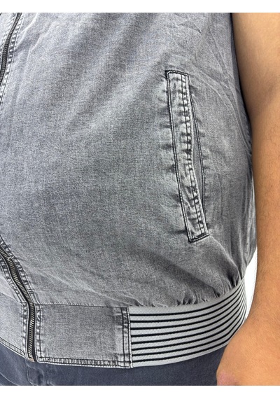 Büyük Beden Denim Dik Yaka Fermuarlı Cepli Bomber Erkek Yelek Antrasit