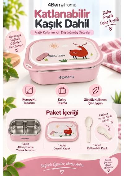 2 Bölmeli Yemek Termosu - Pembe Geyik Desenli Beslenme Kabı - 1000 Ml, Sızdırmaz, Kaşıklı, Paslanmaz Çelik