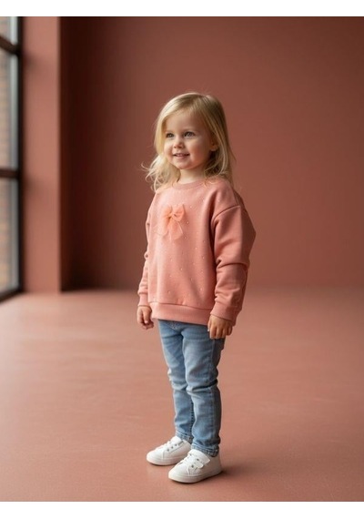 Zekids Kız Bebek Pamuklu Taşlı Fiyonk Detaylı Oversize Tasarım Sweatshirt-16558 Pudra