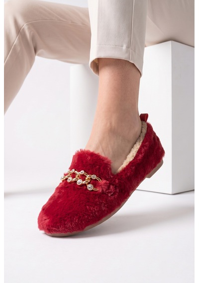 Nmoda Kadın Peluş Panduf Gold Zincir Taşlı Aksesuarlı Kapalı Loafer Yumuşak Tabanlı Kışlık Rahat Babet Kırmızı Nmoda Kadın Peluş Panduf Gold Zincir Taşlı Aksesuarlı Kapalı Loafer Yumuşak Tabanlı Kışlık Rahat Babet Kırmızı