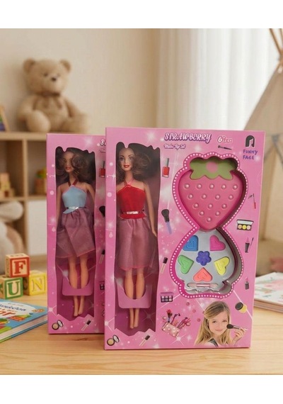 Çilek Desenli Aynalı 6 Renkli Boya Paletli 30cm Oyuncak Bebekli Makyaj Ve Bebek Oyun Seti