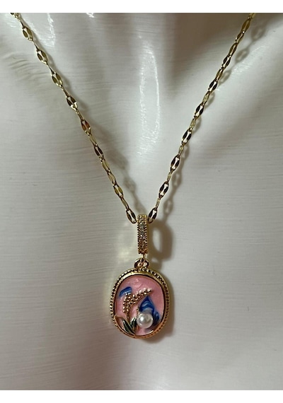Vıntage Kabartmalı İncili Sanat Kolye Pembe Mineli 316l Çelik Renkli