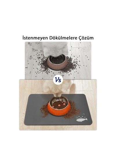 MatGo Pati Balık Figürlü Su Geçirmez Kaymaz Gri Kedi Köpek Mama Paspası 50 x 70 CM