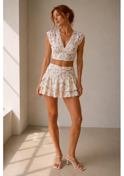 Alexandergardi Floral Dantel Detaylı Crop Top Ve Etek Ekru