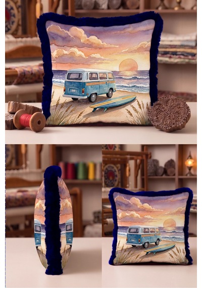 Sahil Gün Batımı Retro Saçaklı Yastık Kılıfı - Vintage Sörf Mavi Lacivert Püsküllü Kırlent Kılıfı Buzlu Esinti Ritüel Sahil Gün Batımı Retro Saçaklı Yastık Kılıfı - Vintage Sörf Mavi Lacivert Püsküllü Kırlent Kılıfı Buzlu Esinti Ritüel