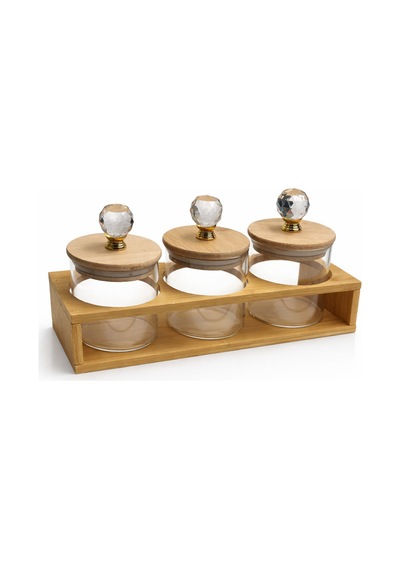 Kristal Kulplu Cam Kavanoz 8x8 Cm Seti 3 Lü Ahşap Standlı Şekerlik, Sunumluk, Baharat Seti Şeffaf
