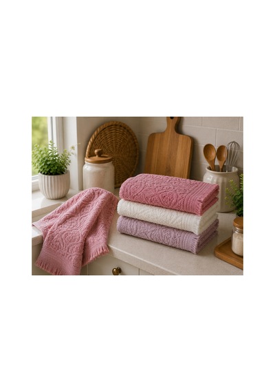 3'lü Jakarlı Püsküllü Mutfak Havlusu Seti 30x50 Cm %100 Pamuk - Rosewoodlace Çok Renkli