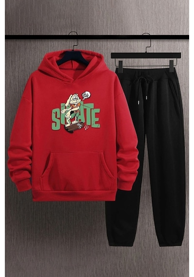 Uyguntarz Unisex All Day Rabbit Baskılı Eşofman Takımı Kırmızı