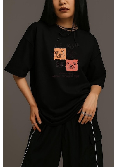 Ayıcık Baskılı Unisex Oversize Tişört SIYAH