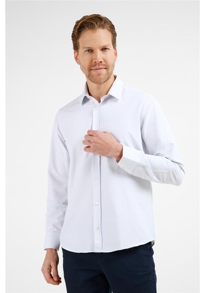 İmza Beyaz - Mavi Kendinden Desenli Sert Yaka Uzun Kol Cepsiz Slim Fit Pamuklu Gömlek 1004255216 Beyaz - Mavi