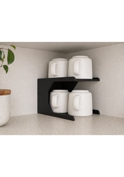 Mutfak Dolap İçi Kupa Organizer Rafı 2 Katlı Bardak Düzenleyici Stand 12x21x13 Cm Siyah