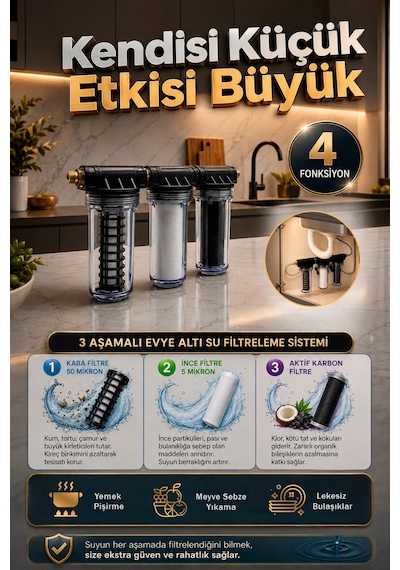 Car-fil Evye Altı 3 Aşamalı Tortu, Kir, Pas Ve Kireç Önleyici Su Filtreleme Sistemi