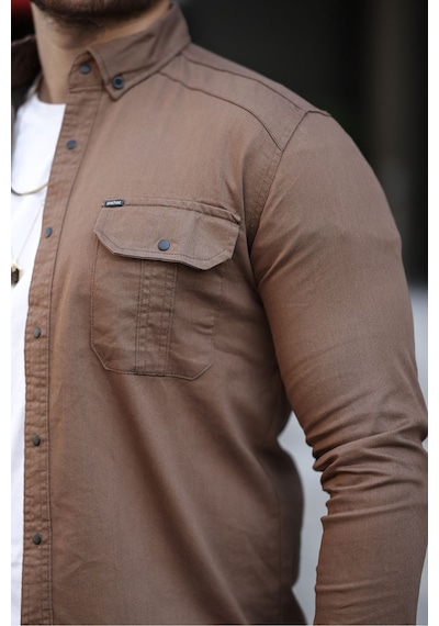 Mero Life Erkek Kahverengi Slim Fit Dar Kesim Kot Gömlek Kahverengi