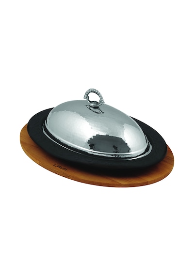 Lava Döküm Oval Döner, Kebap Tabağı Kayın Servis Ahşabı ve Bakır Dövme Formlu Kapak Ölçü 32x23cm.