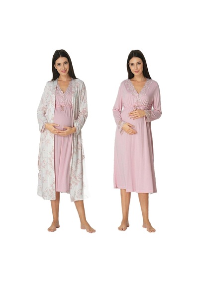 Kadın Pudra Sabahlıklı Hamile Lohusa Gecelik Takım, L, Ef8095ef-86d0018319244 Açık Bej - Beyaz