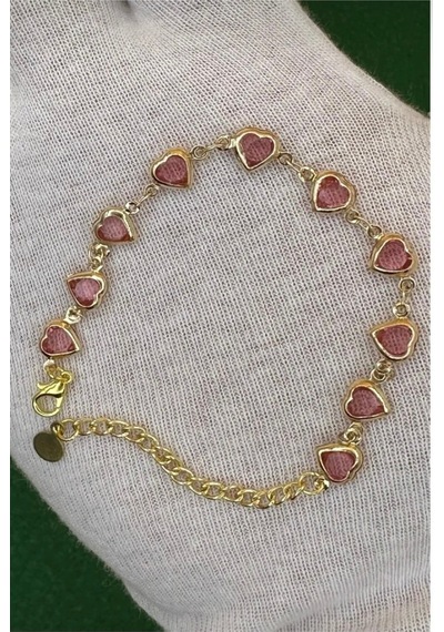Kalpli Zirkon Taşlı Gold Renk Bileklik 18 Cm Pembe