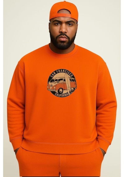 Benroma 3 İplik Penye Wos Wos Baskılı Büyük Beden Unisex Sweatshırt Turuncu