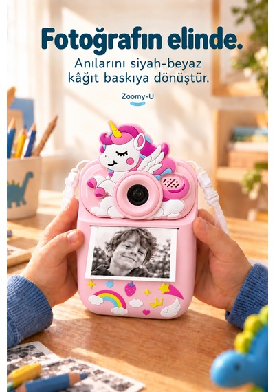 Kj/zm-004 Zoomy-u Unicorn Figürlü Anında Baskılı Çocuk Fotoğraf Makinesi, Çift Kamera, 2,4 İnç Ekran, 1080p Video, 3+ Yaş Pembe