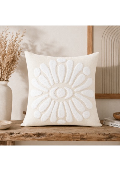 Flora 43x43 Cm Dekoratif Kırlent Kılıfı Kabartmalı Çiçek Desenli Modern Koltuk Yastık Kılıfı Krem