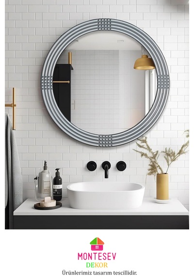 Safir Ahşap Gümüş Yuvarlak Ayna Işlemeli Duvar Banyo Aynası 43 Cm GÜMÜŞ
