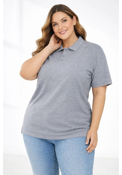 Novalisse Kadın Battal Beden Tişört Polo Yaka Pike Kumaş Kısa Kol T-shirt - Gri Çoklu Renk