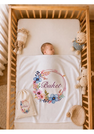 Kız Bebek Hediyesi İsme Özel 80x80 Cm Çift Kat Penye Bebek Battaniyesi %100 Pamuk Ham Bez Kıyafet Keseli 1036bkyx