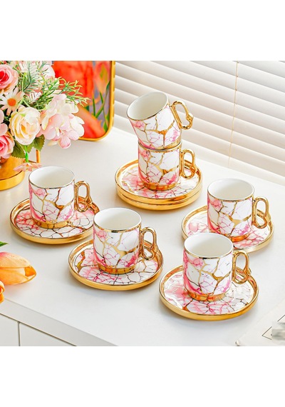 Valkyrie 12 Parça 6 Kişilik 80 Ml Türk Kahvesi Fincan Seti Pembe Mermer Desenli Gold Detay K653 Pembe
