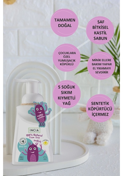 INCIA %100 Doğal Köpük Kastil Sabunu Çocuklar İçin Zeytinyağlı 10 Bitkisel Değerli Yağ Vegan 200 ml