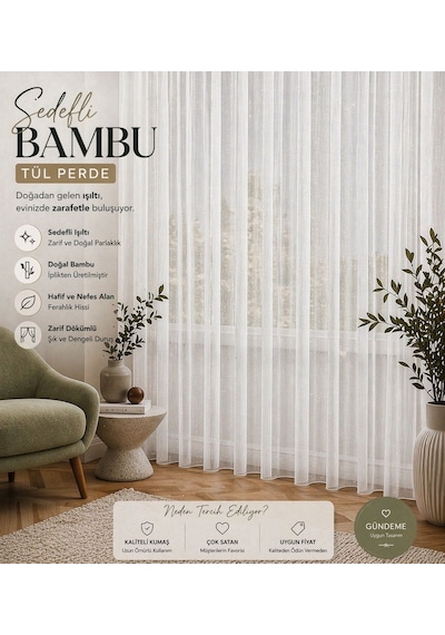Ütü İstemez Sedefli Lüx Bambu Model Tül Perde 1/2 Seyrek Pileli Modern-şık Özel Ölçü Ekru