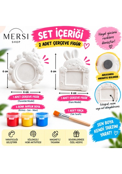 2 Li Kendin Boya Taş Tozu Magnet Seti Tavşanlı Çerçeve Figürleri Boyama Hobi Seti