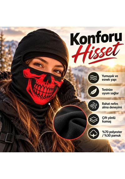 Genel Unisex Kırmızı Kurukafa Desenli Balaklava Kar Maskesi Siyah Tam Kafa Boyunluk M Siyah / Standart