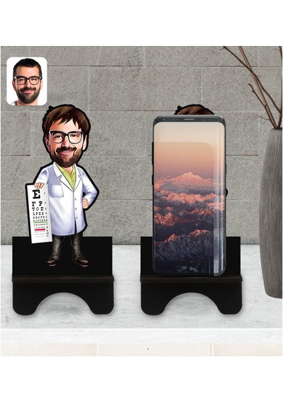 Kişiye Özel Erkek Göz Doktoru Karikatürlü Ahşap Biblo Telefon Sta