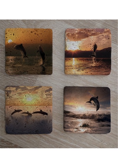 Yunus Balıkları Doğal Taş Bardak Altlığı 4'lü Set - Natural Stone Coasters - Taş Çok Renkli