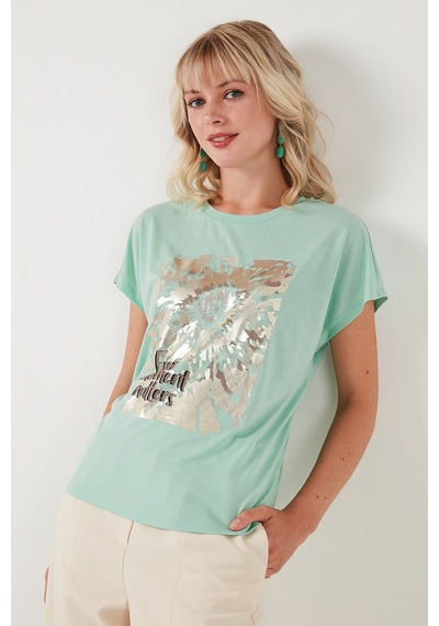 Lela Baskılı Bisiklet Yaka Regular Fit Bayan T Shirt 6671001 Mint