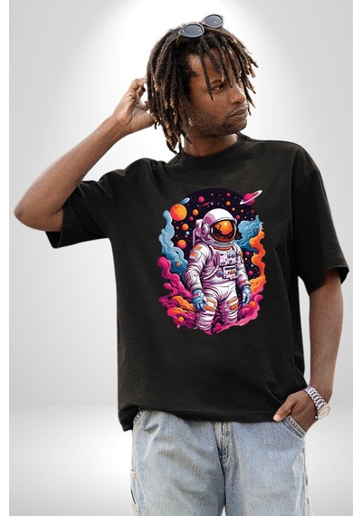 Ay Mars Astronot Pamuklu Bisiklet Yaka Unisex Oversize Boyfriend Dijital Baskılı Siyah T-shirt Siyah