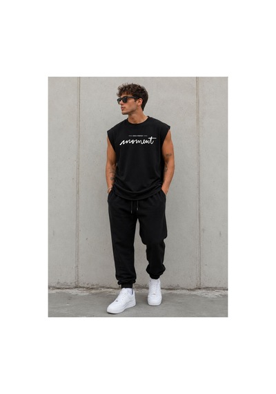 Herkesemoda Moment Baskı Detaylı Sıfır Kol Bisiklet Yaka T-shirt Siyah
