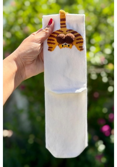 Lousocks Unisex Kahverengi Kedi Desenli Ponpon Soket Çorap