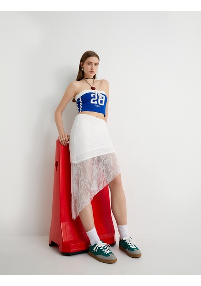 Koton Straplez Crop Top Baskılı Fiyonk Detaylı Mavi 4sal30329ık