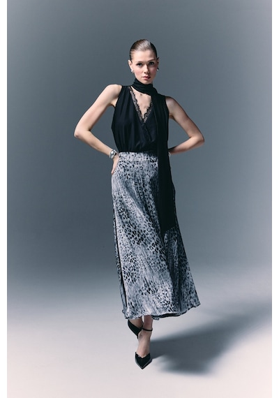 Sateen Leopar Desenli Uzun Etek - Siyah-136781 Siyah
